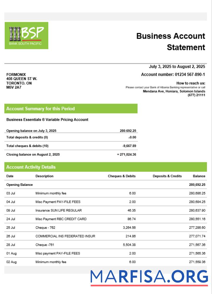 Downloadable Solomon Islands BSP firm account statement Word and PDF template